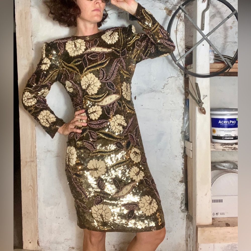 80s vintage Judith Ann Creations Sequin beaded Floral Sheath Dress Metallic Gold